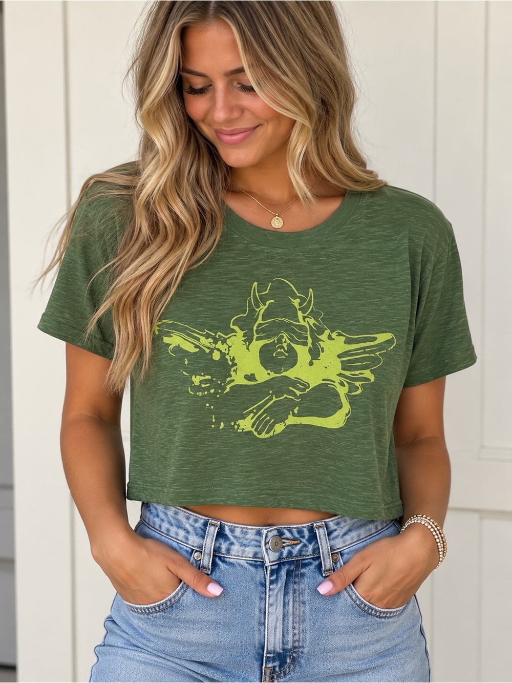Boys Lie Olive Green Crop Tee with Chartreuse Angel Graphic